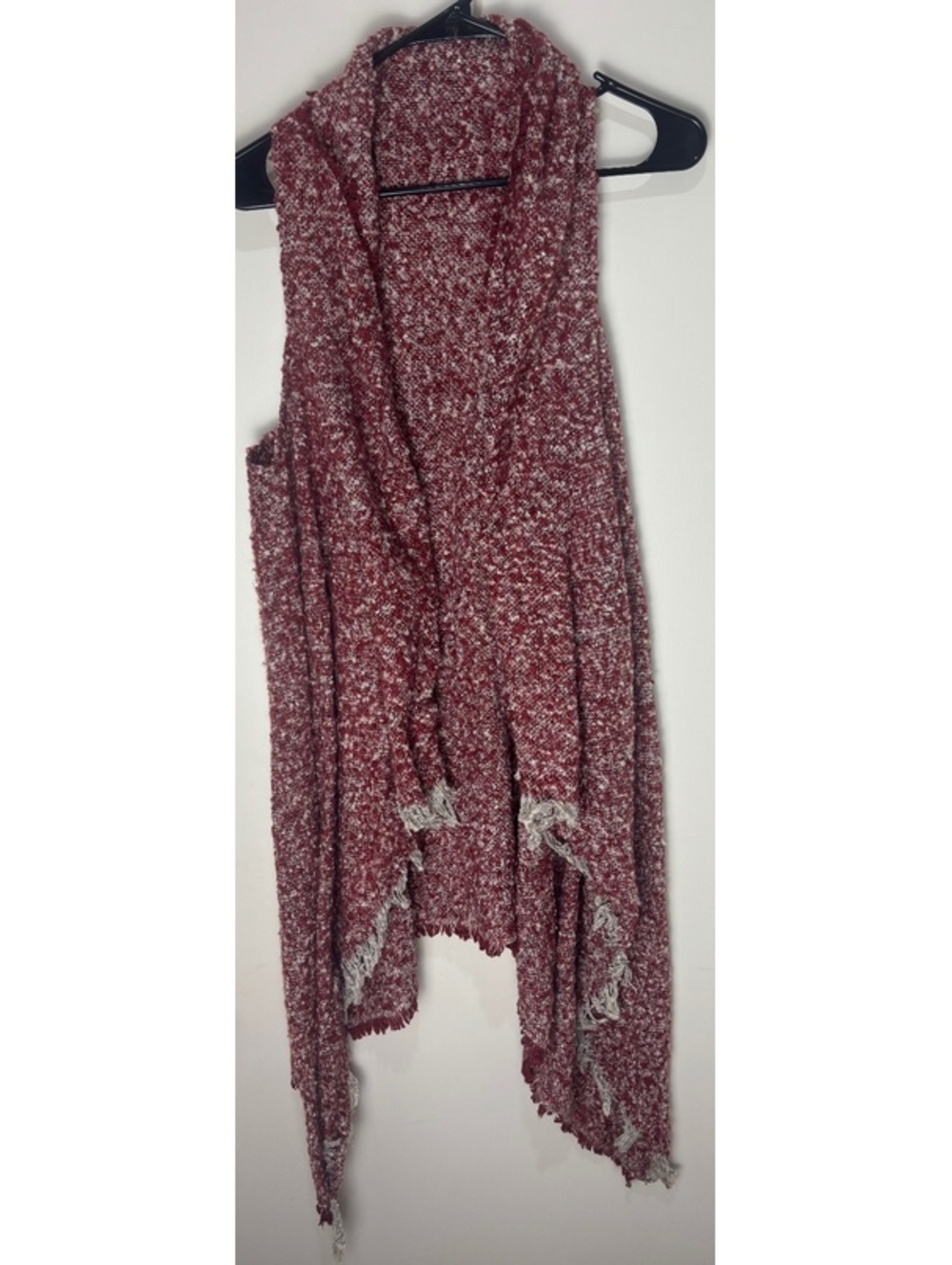 One Size Marled Boucle Long Vest Boho Lagenlook Draped Fringe Burgundy Cream